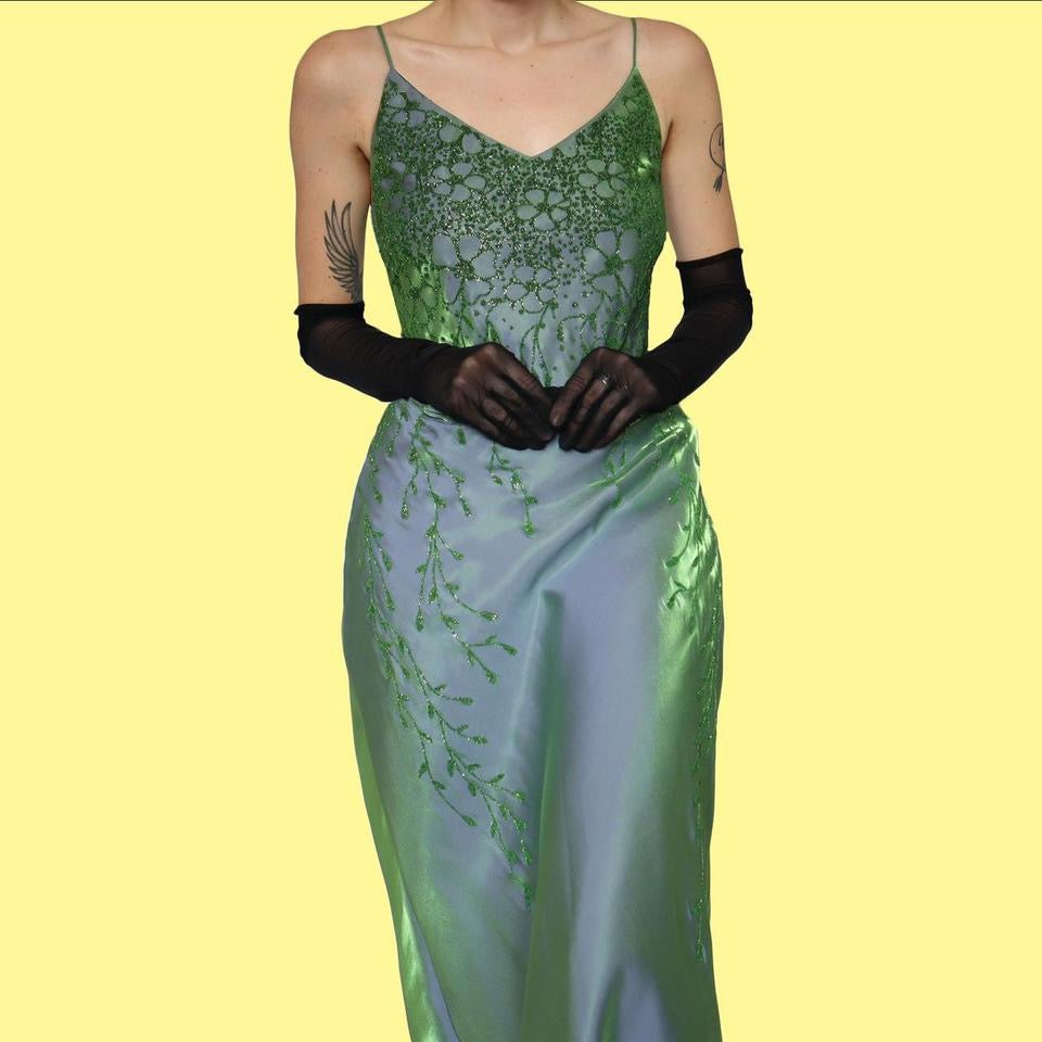 Green silky beaded evening dress UK 14