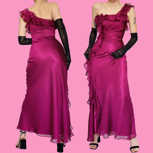 Pink frilly one shoulder evening dress UK 8-10