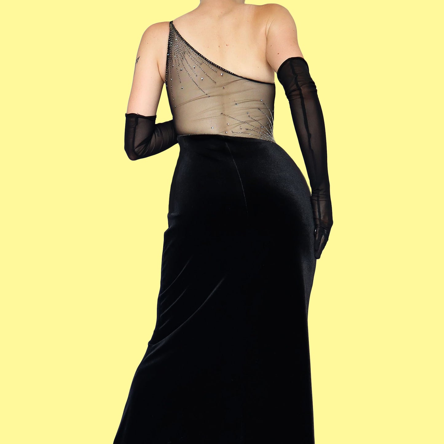 Black velvet one shoulder evening dress UK 12