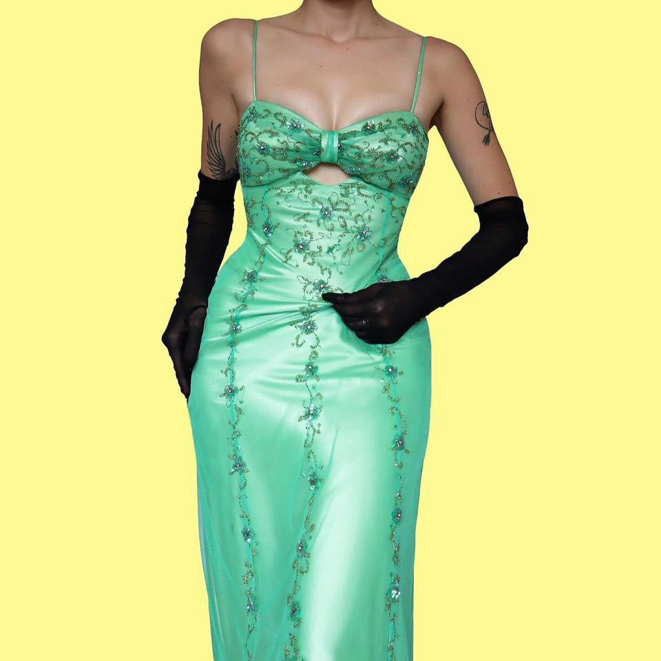 Green beaded vintage Dave & Johnny evening dress UK 8-10