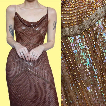 Beautiful 100% silk caramel brown party dress UK 12