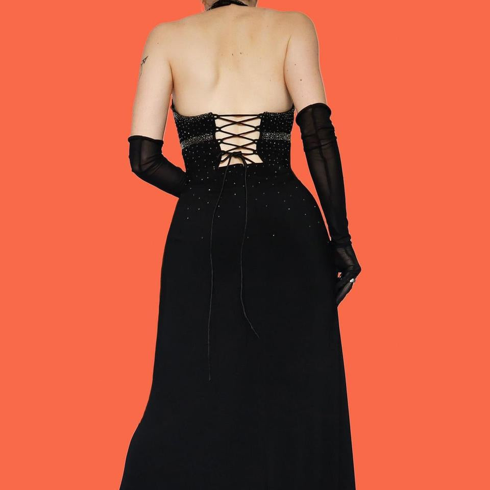 Black DJ Nights stretch beaded halter neck evening dress UK 10, 12 & 14 available