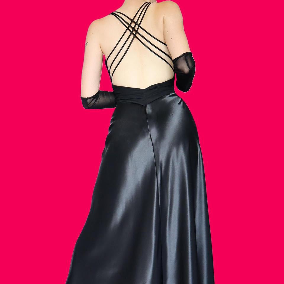 Black satin open back evening dress UK 12