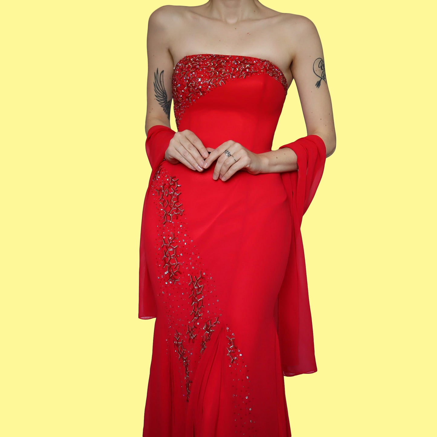 Red strapless YVE evening dress & shawl UK 12