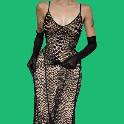 John Charles black stretch net evening dress UK 12