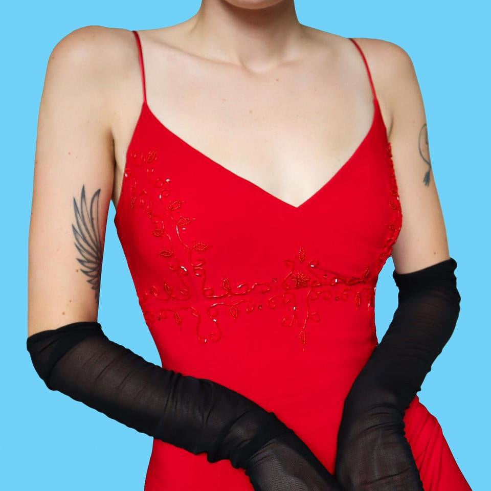 Red beaded low back evening dress UK 12