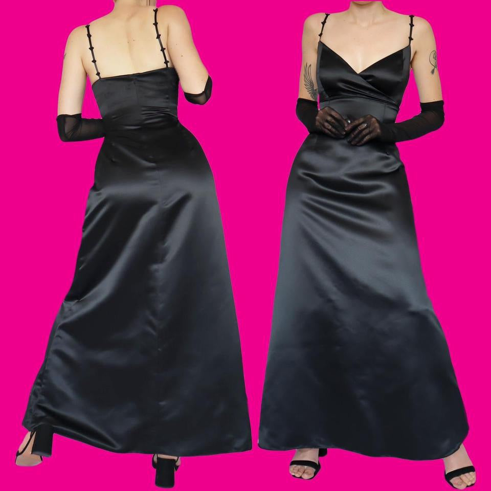 Black satin a-line evening dress UK 14