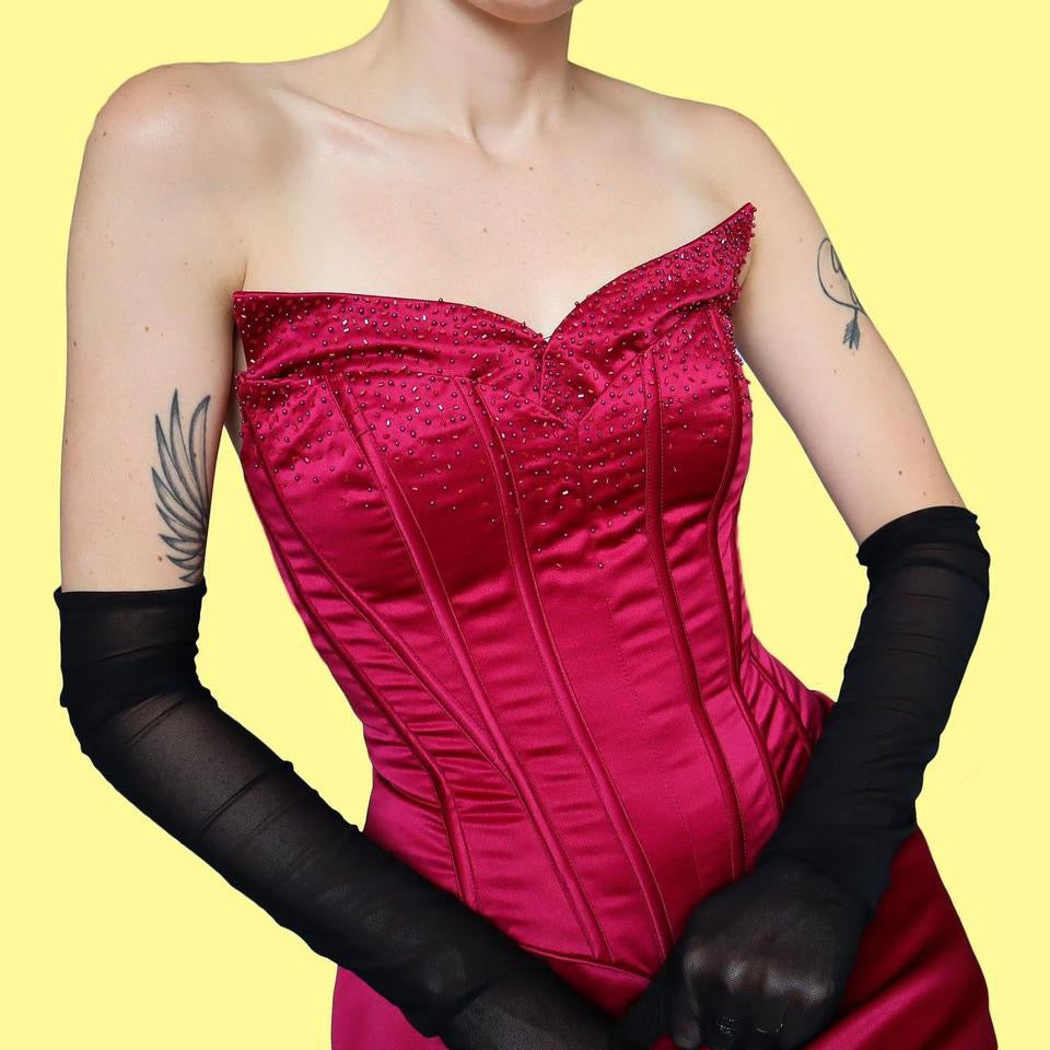 Dark pink strapless corset evening dress UK 10