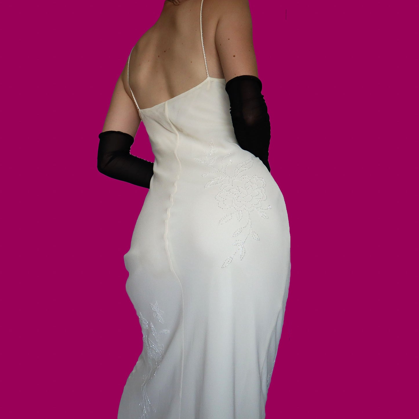 White 100% silk beaded evening dress UK 10