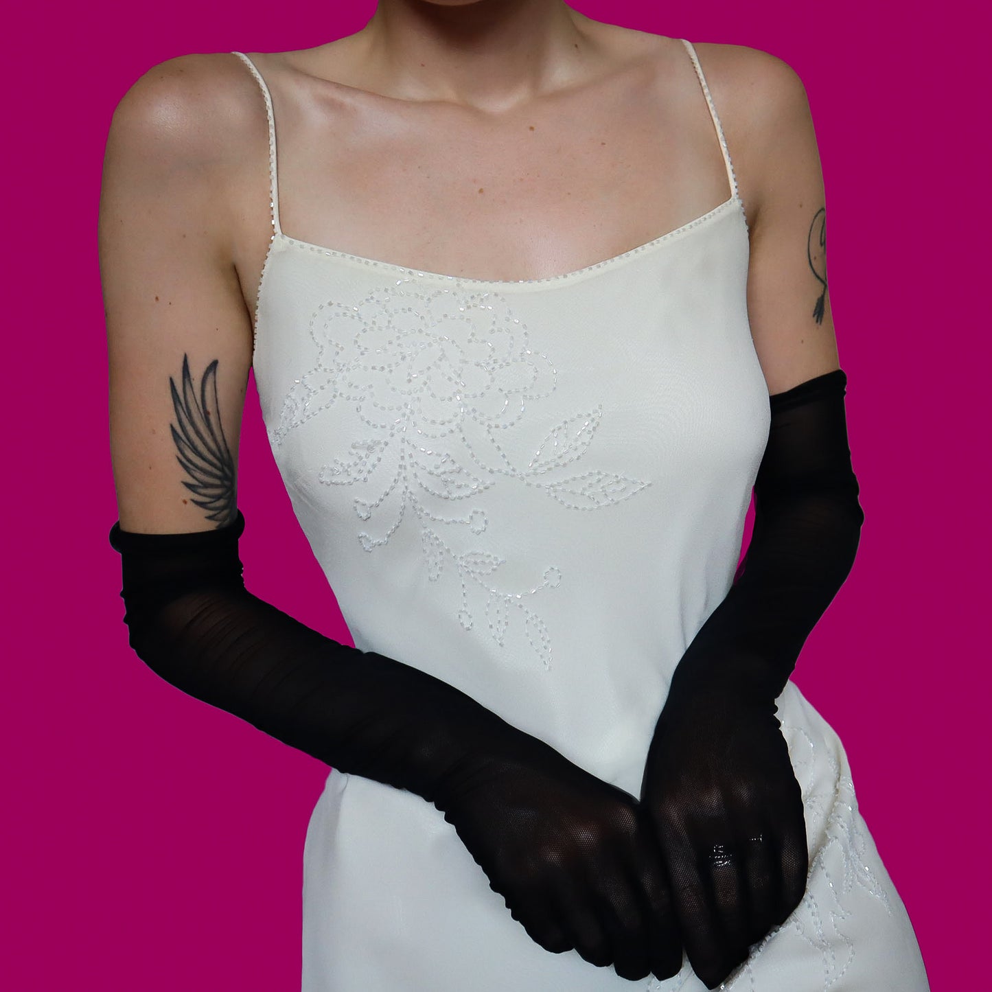 White 100% silk beaded evening dress UK 10