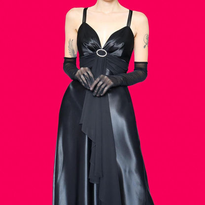 Black satin open back evening dress UK 12