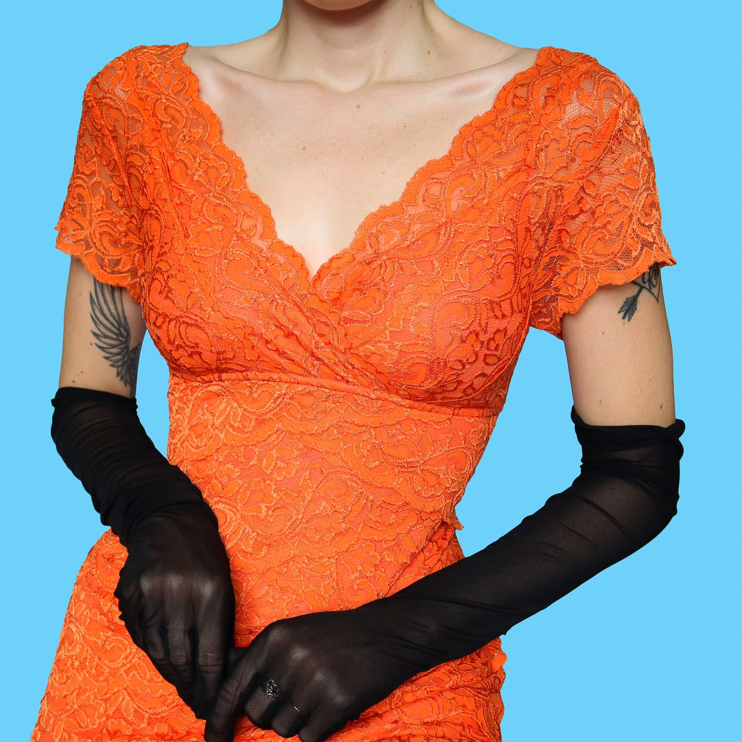 Orange lace stretch evening dress UK 10