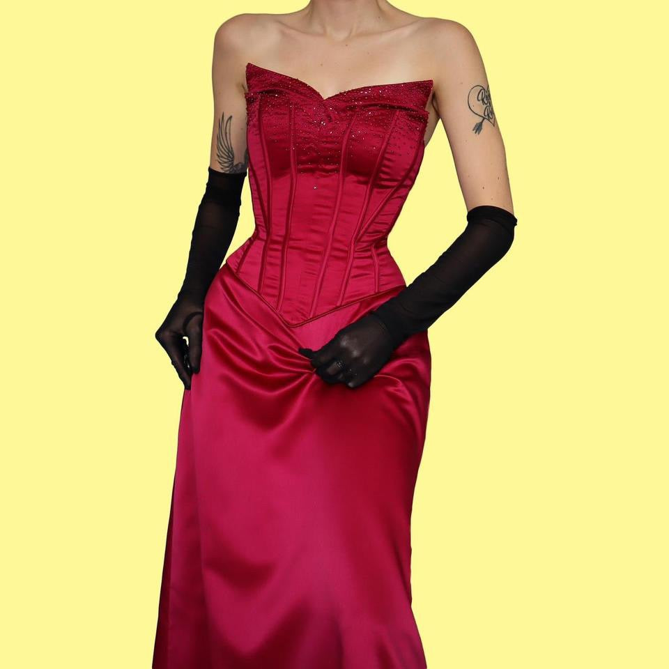 Dark pink strapless corset evening dress UK 10