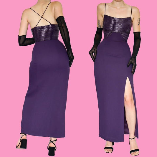 Purple After Six fitted beaded evening dress UK 12