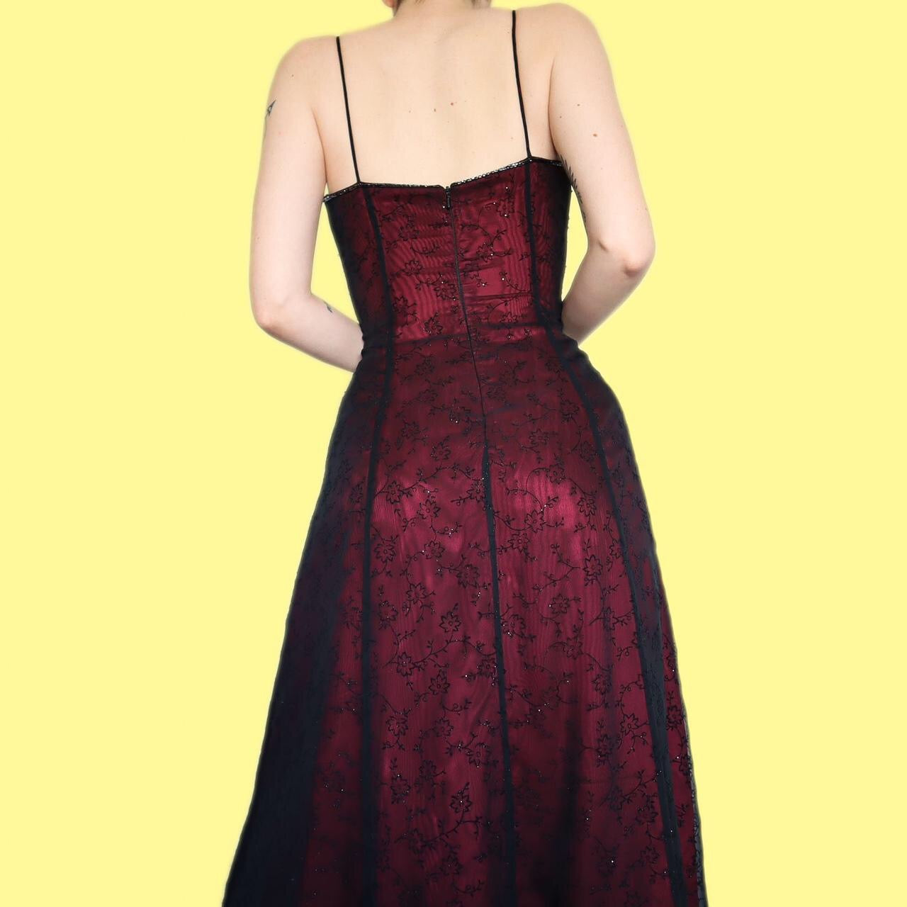 Red floral beaded a-line evening dress UK 8-10