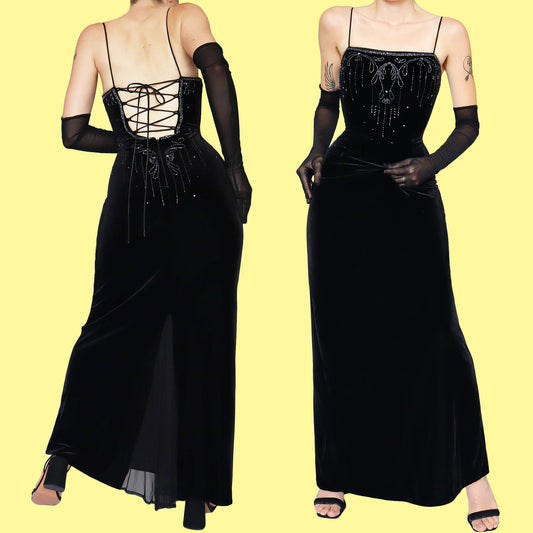 Black Dave & Johnny velvet beaded evening dress UK 12