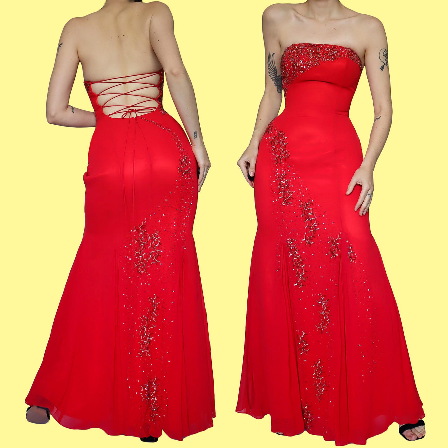 Red strapless YVE evening dress & shawl UK 12