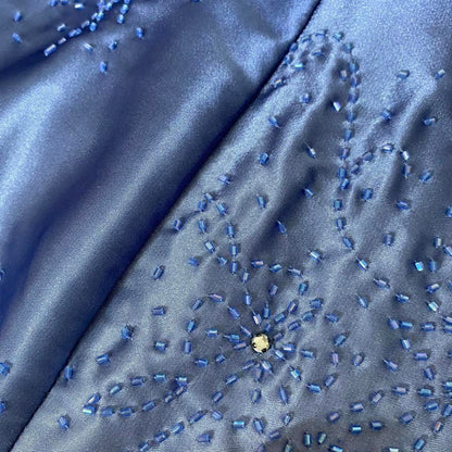Blue satin beaded evening dress with shawl UK 12-14