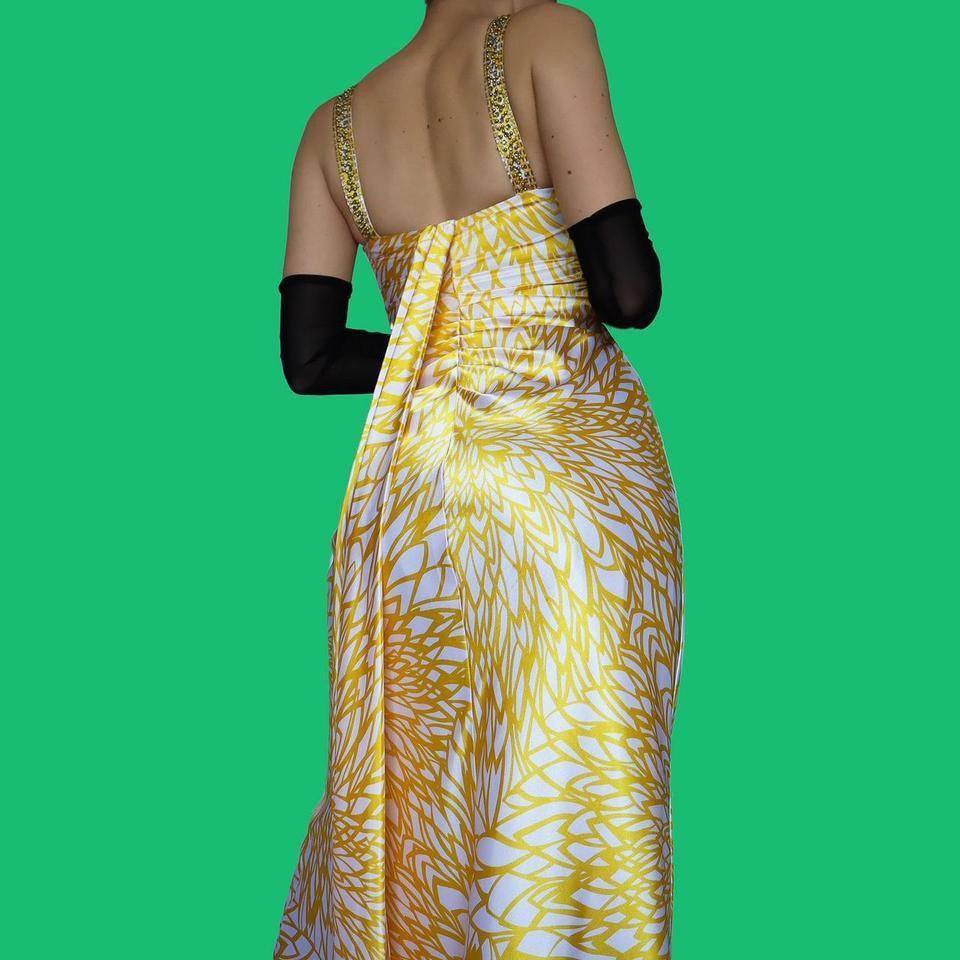 Silky yellow print evening dress UK 8