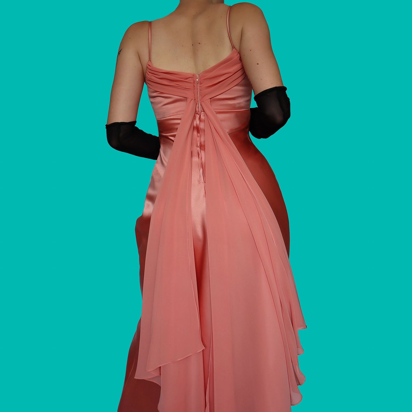 Peach evening dress with trail UK 8