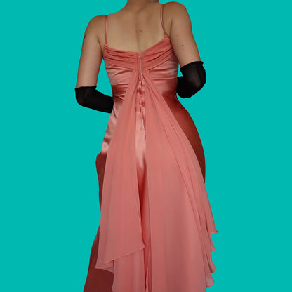 Peach evening dress with trail UK 8