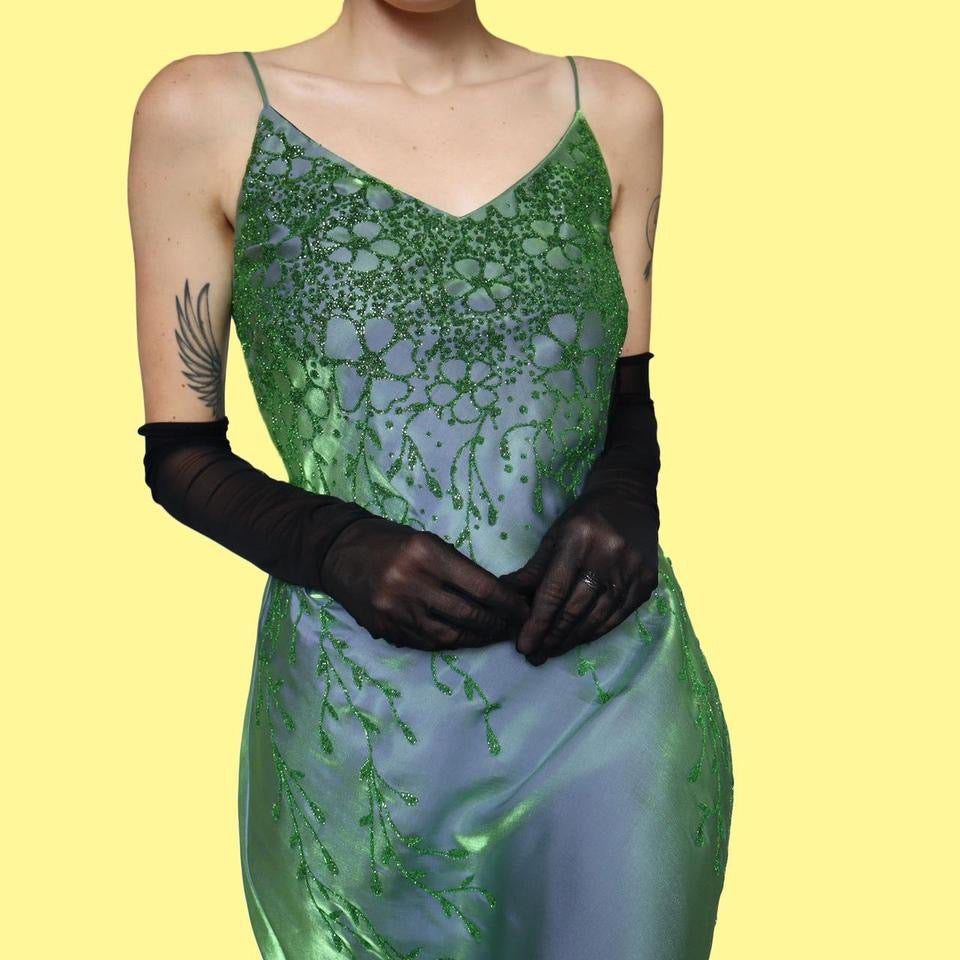 Green silky beaded evening dress UK 14