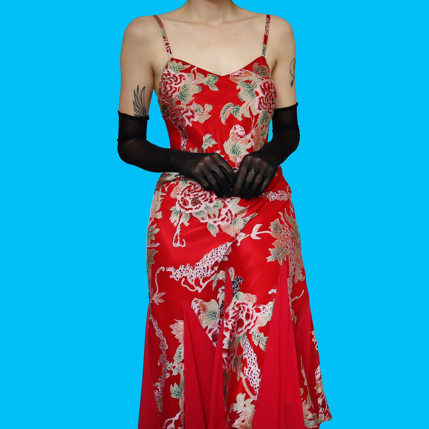 Red Kaleidoscope floral slip midi dress UK 14