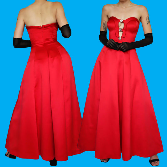 Red strapless a-line evening dress UK 12