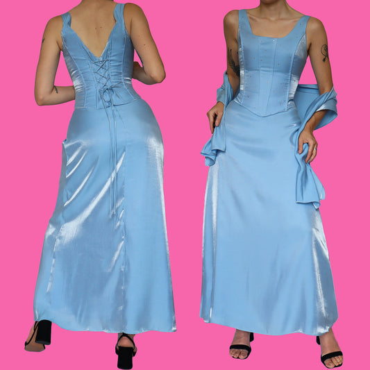 Silky baby blue 3 piece corset, skirt & shawl UK 12