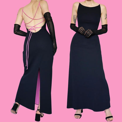 Navy with pink lining & lacing evening dress UK 14