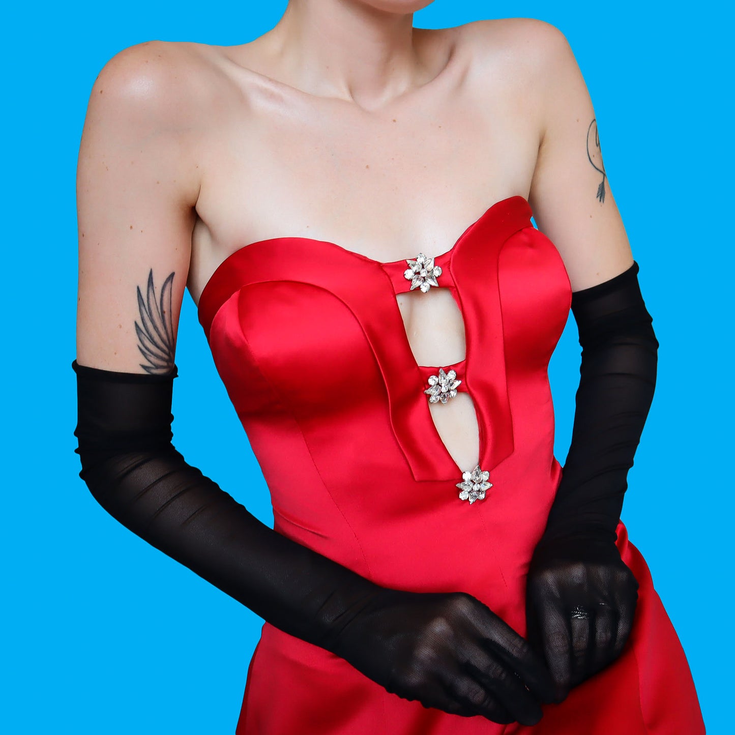 Red strapless a-line evening dress UK 12