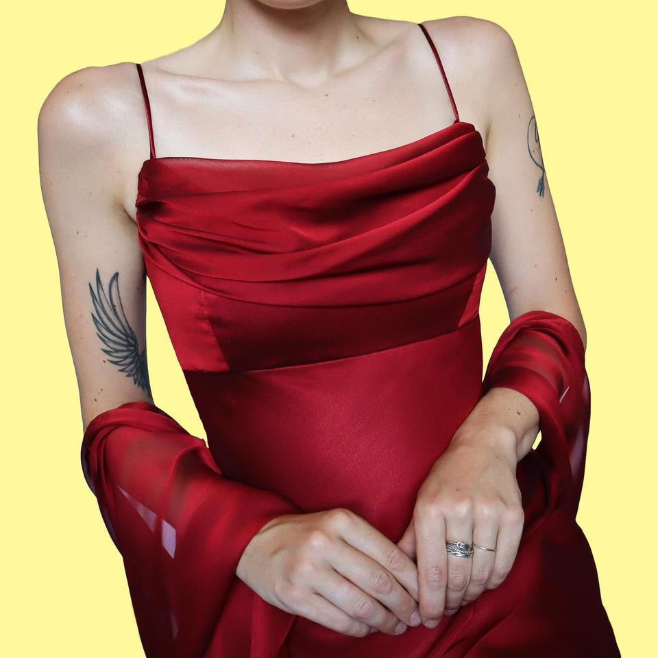 Red chiffon midi dress with shawl UK 12