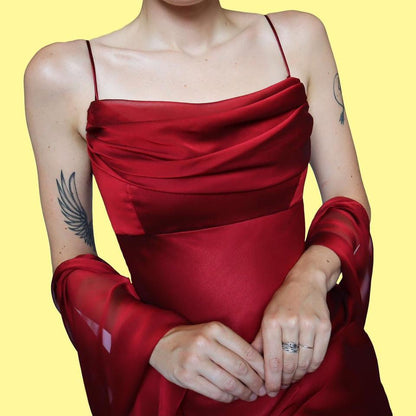 Red chiffon midi dress with shawl UK 12