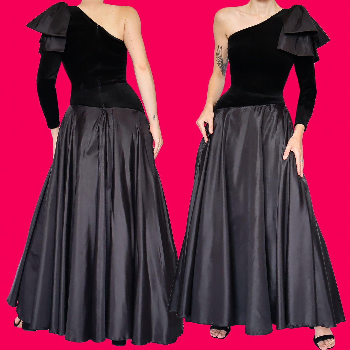 Black a-line velvet one shoulder evening dress UK 8-10