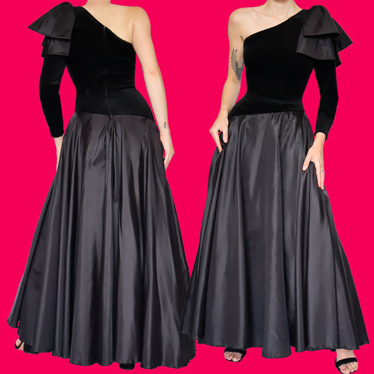 Black a-line velvet one shoulder evening dress UK 8-10