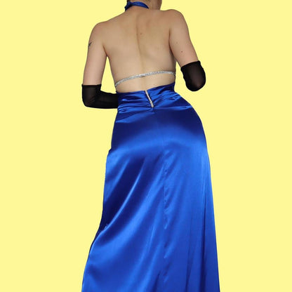 Blue satin diamanté open back evening dress UK 14