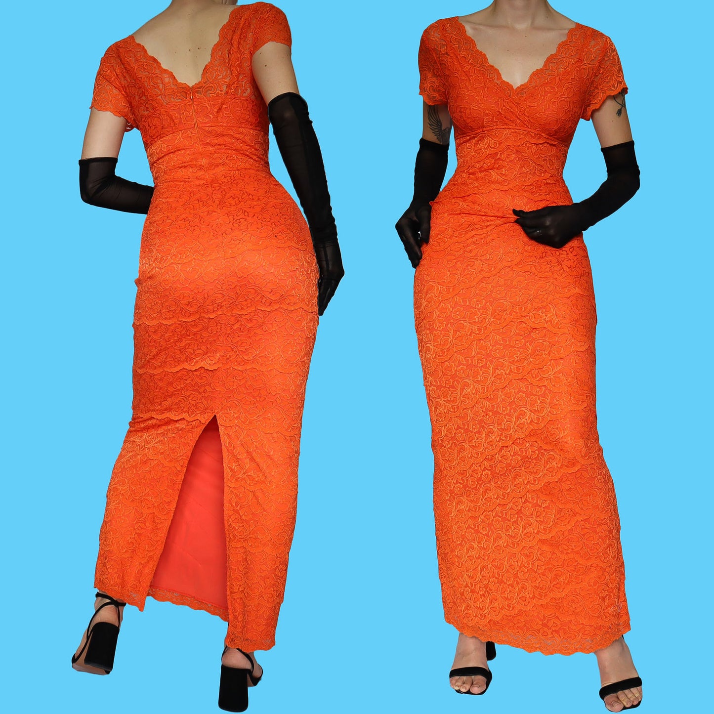 Orange lace stretch evening dress UK 10