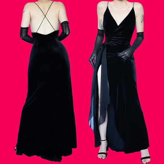 Black velvet wrap evening dress UK 12