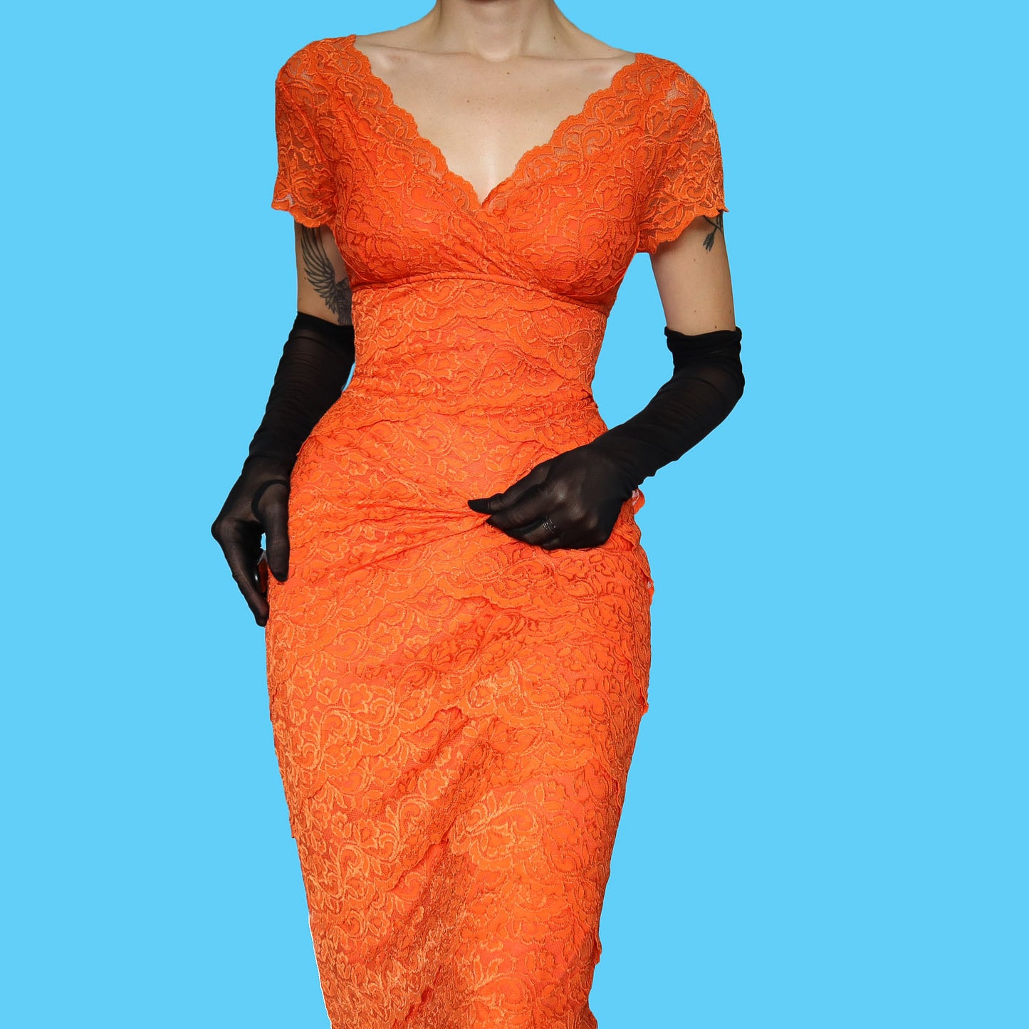 Orange lace stretch evening dress UK 10