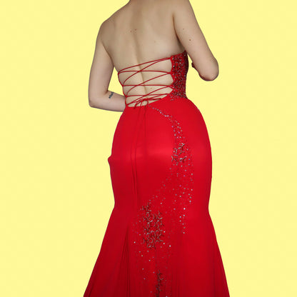 Red strapless YVE evening dress & shawl UK 12