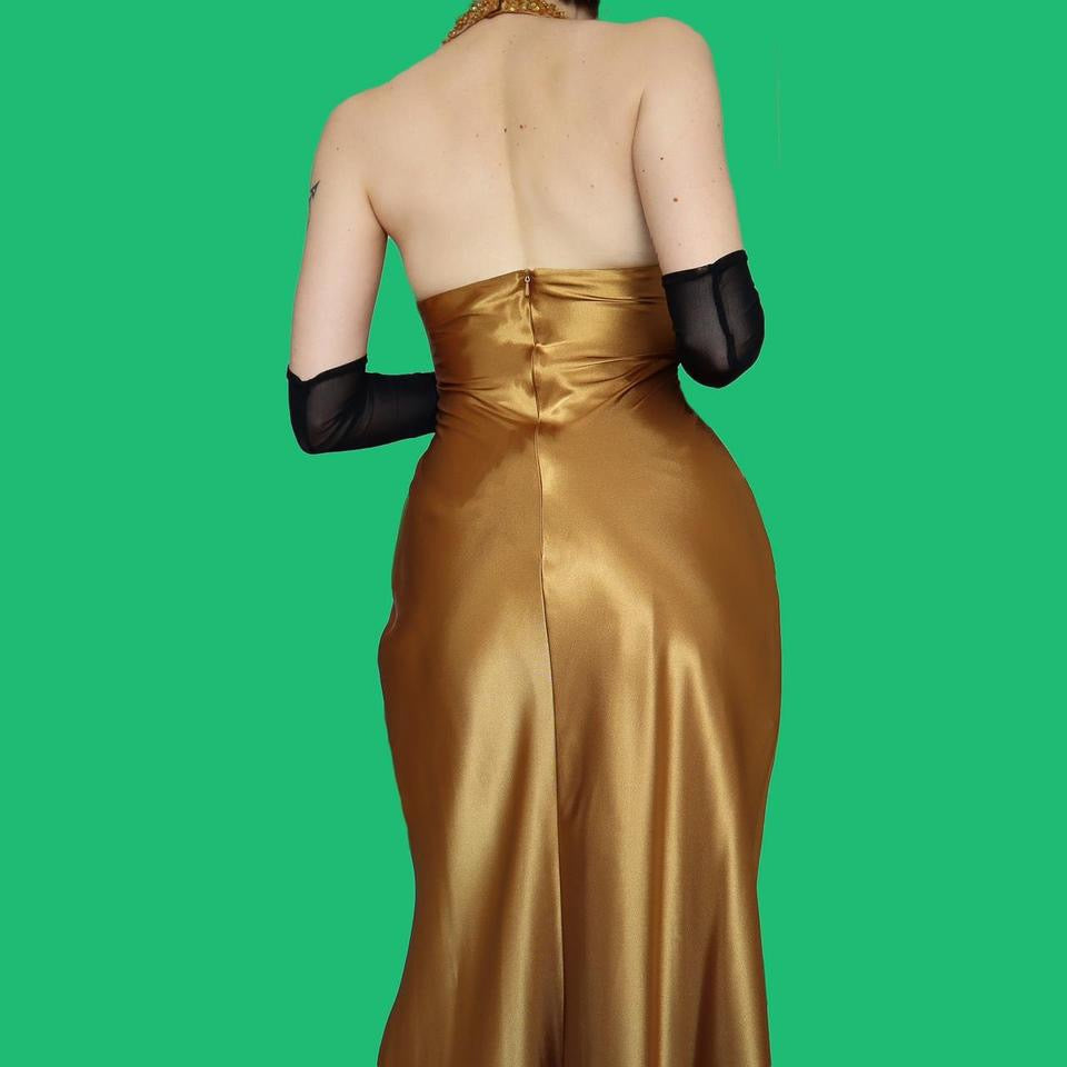 Gold satin halter neck evening dress UK 10