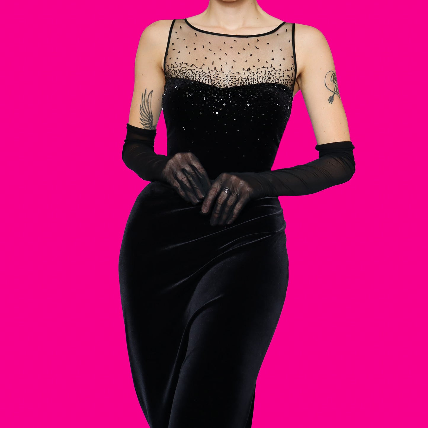 Black velvet beaded evening dress UK 12