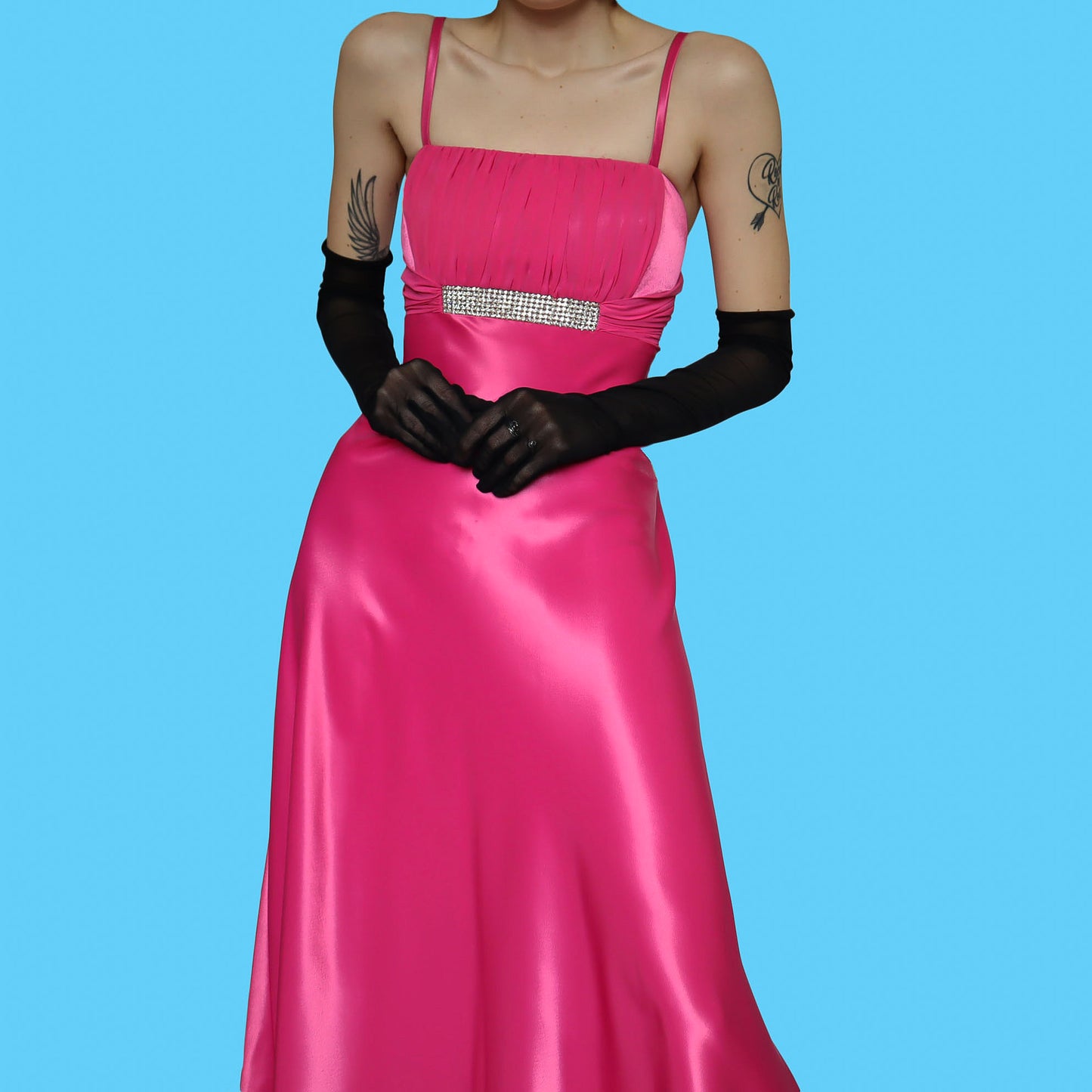 Bright pink YVE diamanté evening dress UK 16