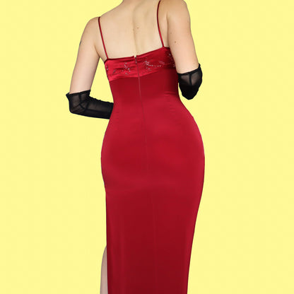 Red beaded fitted evening dress UK 8
