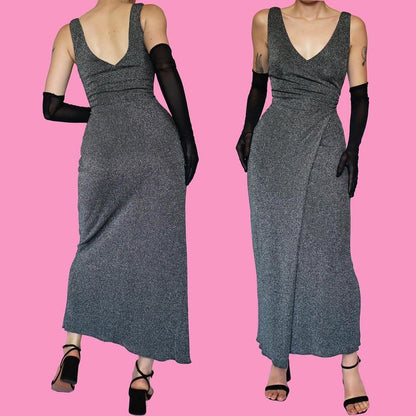 Silver Frank Usher stretch wrap evening dress UK 10-12