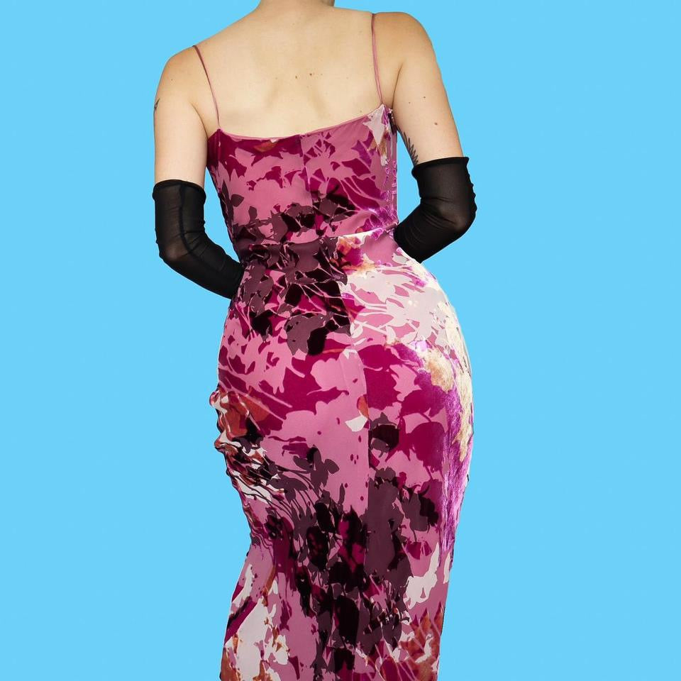 Pink devore velvet print slip dress with shawl UK 12