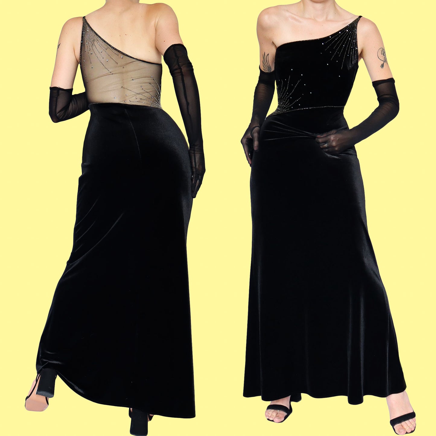 Black velvet one shoulder evening dress UK 12