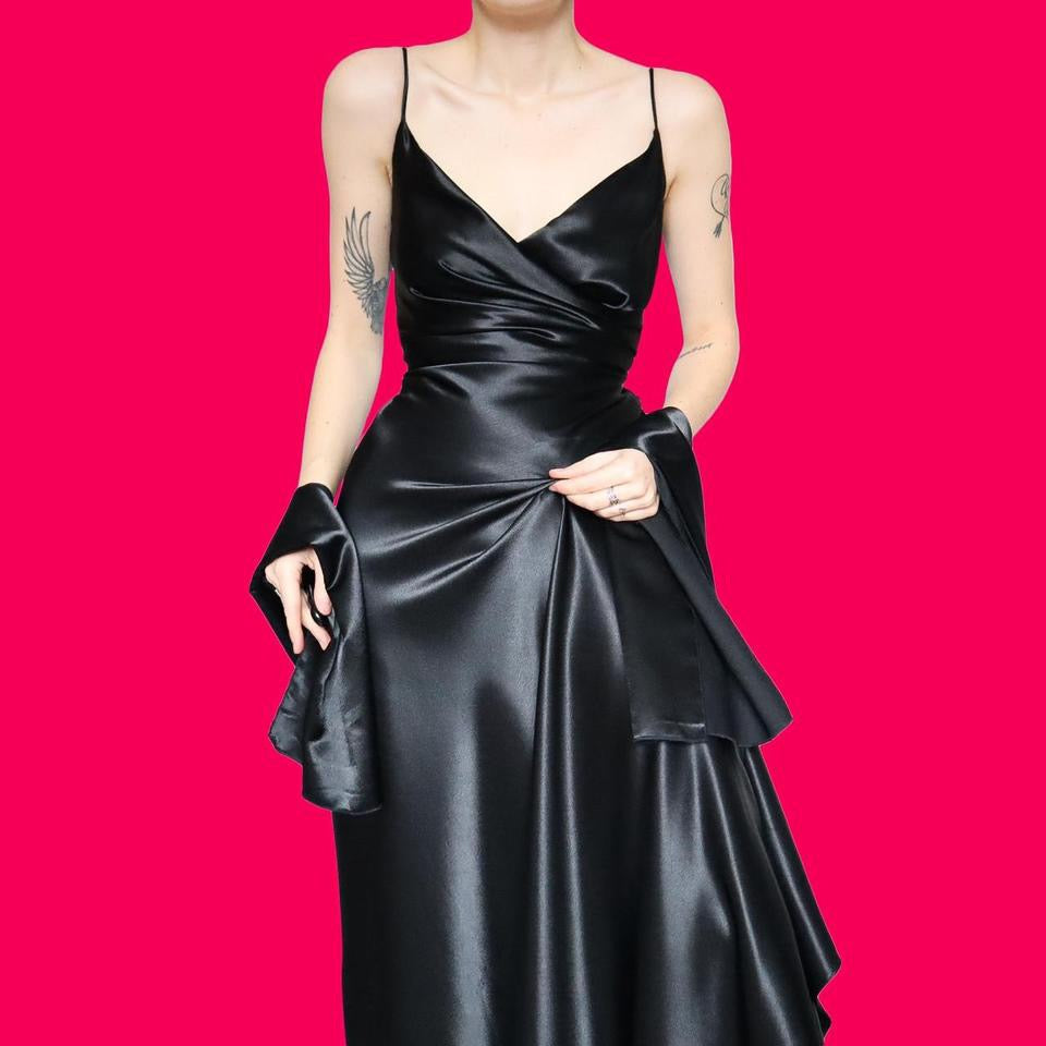 Black satin evening dress & shawl UK 12-14