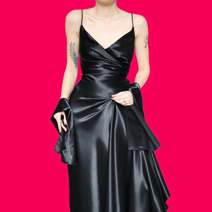 Black satin evening dress & shawl UK 12-14