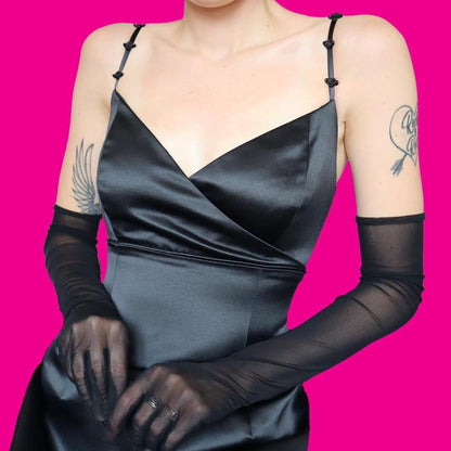 Black satin a-line evening dress UK 14